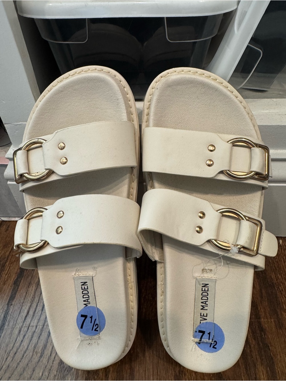 Steve Madden Cream Double-Buckle Slide Sandals with Gold Hardware